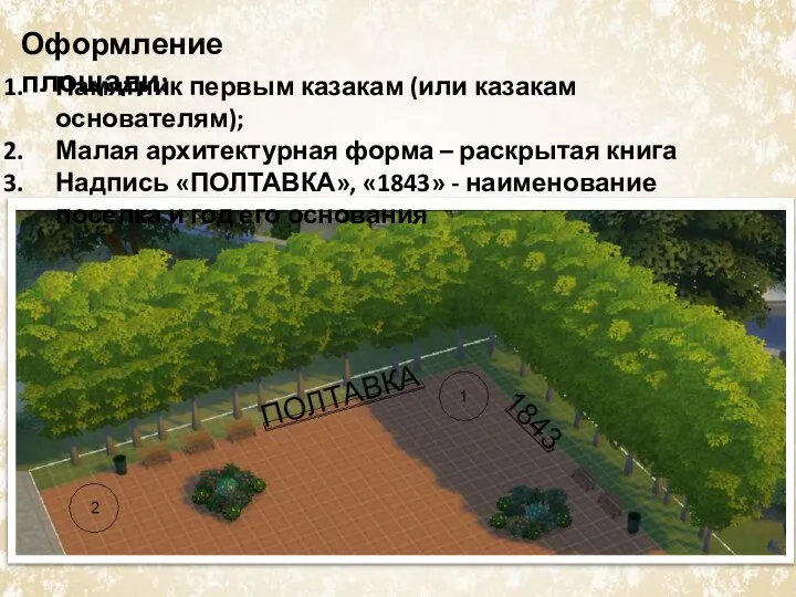 Оформление площади: Памятник первым казакам (или казакам основателям); Малая архитектурная форма –