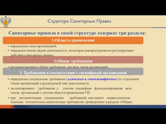 Структура Санитарных Правил Санитарные правила в своей структуре содержат три раздела: 1.Область