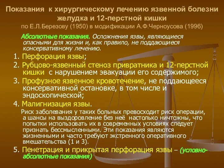 Показания к хирургическому лечению язвенной болезни желудка и 12-перстной кишки по Е.Л.Березову