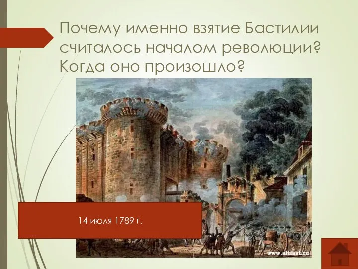 Почему именно взятие Бастилии считалось началом революции? Когда оно произошло? 14 июля 1789 г.