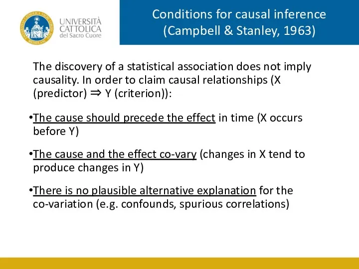 Conditions for causal inference (Campbell & Stanley, 1963) The discovery of a