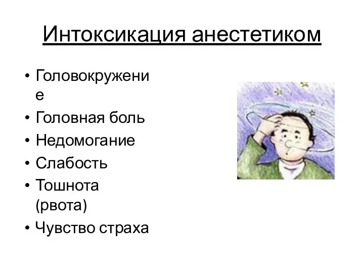 Интоксикация анестетиком Головокружение Головная боль Недомогание Слабость Тошнота (рвота) Чувство страха