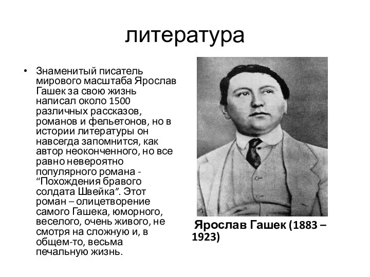 литература Знаменитый писатель мирового масштаба Ярослав Гашек за свою жизнь написал около