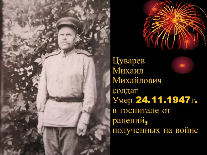 Цуварев Михаил Михайлович солдат Умер 24.11.1947г. в госпитале от ранений, полученных на войне