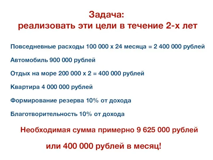 Задача: реализовать эти цели в течение 2-х лет Повседневные расходы 100 000