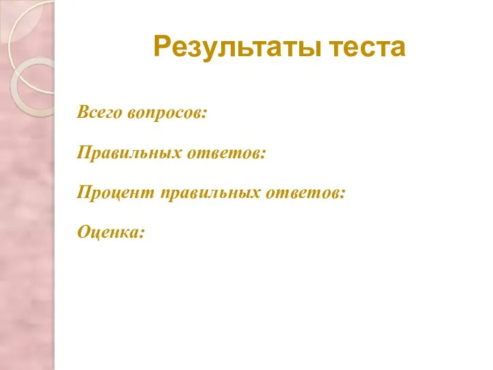 Результаты теста Всего вопросов: Правильных ответов: Процент правильных ответов: Оценка: