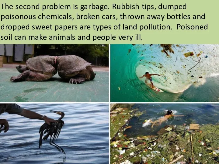 The second problem is garbage. Rubbish tips, dumped poisonous chemicals, broken cars,