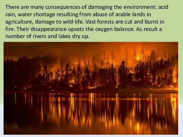 There are many consequences of damaging the environment: acid rain, water shortage