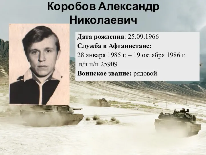 Дата рождения: 25.09.1966 Служба в Афганистане: 28 января 1985 г. – 19