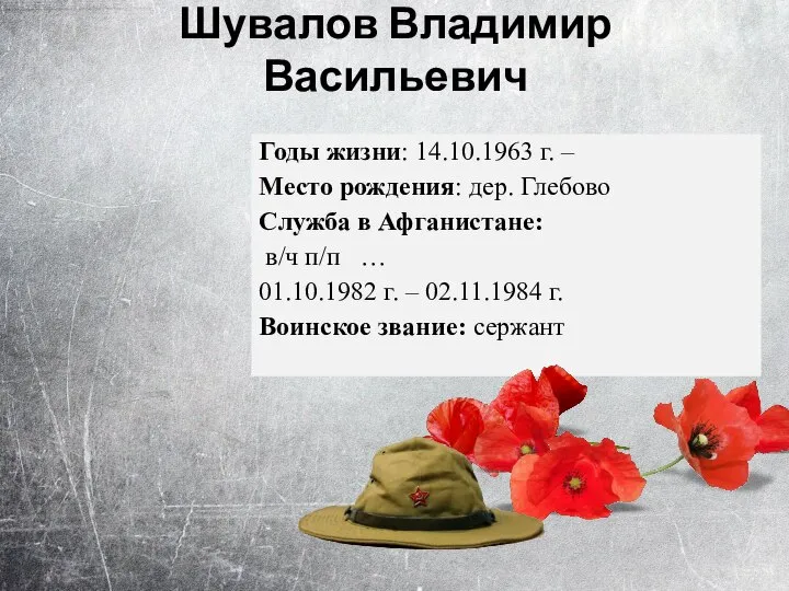 Годы жизни: 14.10.1963 г. – Место рождения: дер. Глебово Служба в Афганистане: