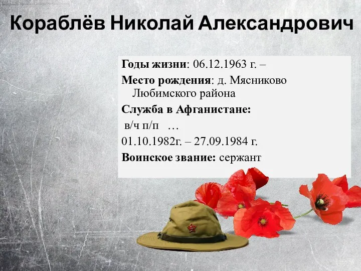 Годы жизни: 06.12.1963 г. – Место рождения: д. Мясниково Любимского района Служба