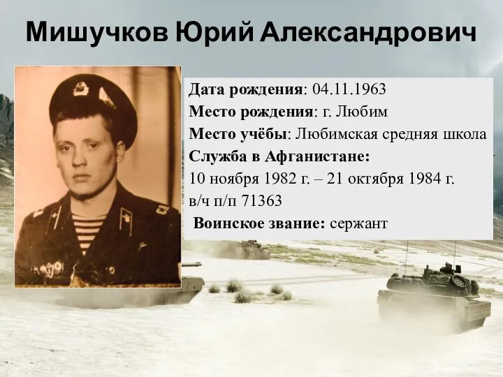 Дата рождения: 04.11.1963 Место рождения: г. Любим Место учёбы: Любимская средняя школа