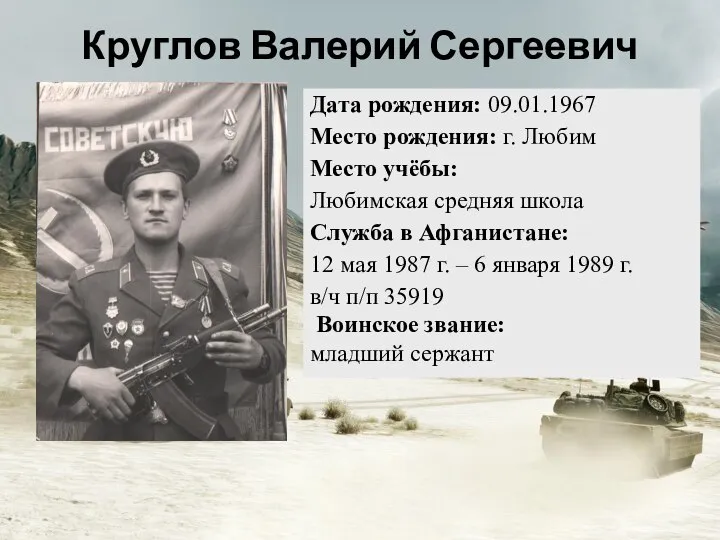 Дата рождения: 09.01.1967 Место рождения: г. Любим Место учёбы: Любимская средняя школа