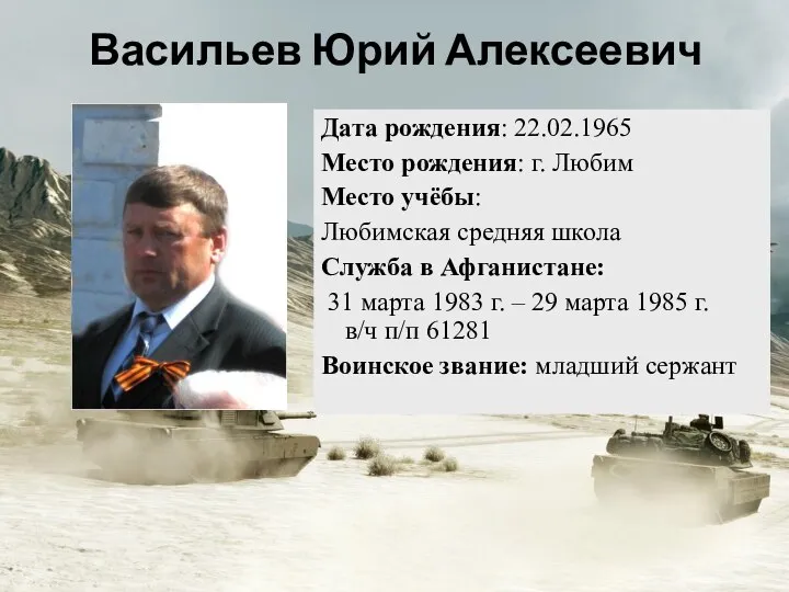 Дата рождения: 22.02.1965 Место рождения: г. Любим Место учёбы: Любимская средняя школа