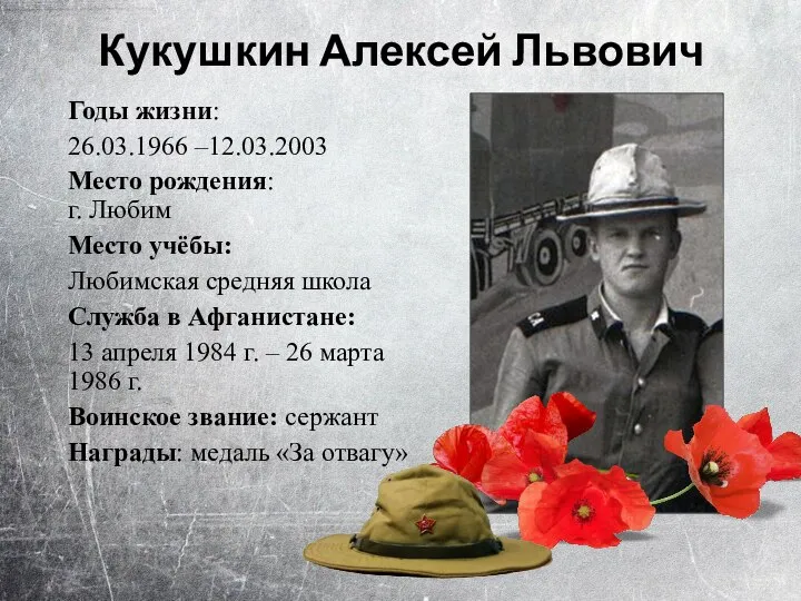 Кукушкин Алексей Львович Годы жизни: 26.03.1966 –12.03.2003 Место рождения: г. Любим Место