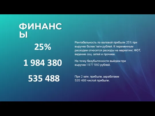 Рентабельность по валовой прибыли 25% при выручке более 1млн рублей. К переменным
