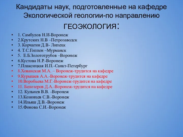 Кандидаты наук, подготовленные на кафедре Экологической геологии-по направлению ГЕОЭКОЛОГИЯ: 1. Самбулов Н.И-Воронеж