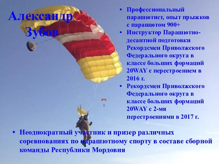 Александр Зубов Профессиональный парашютист, опыт прыжков с парашютом 900+ Инструктор Парашютно-десантной подготовки