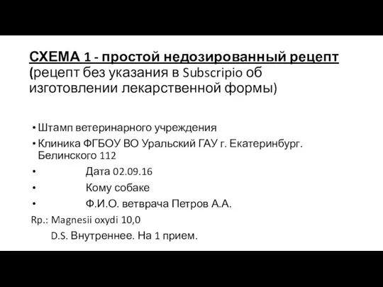 СХЕМА 1 - простой недозированный рецепт (рецепт без указания в Subscripio об