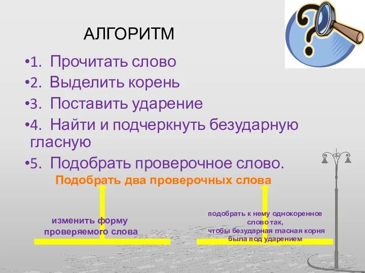 АЛГОРИТМ 1. Прочитать слово 2. Выделить корень 3. Поставить ударение 4. Найти