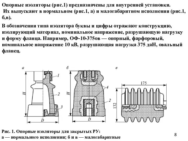 Опорные изоляторы (рис.1) предназначены для внутренней установки. Их выпускают в нормальном (рис.1,