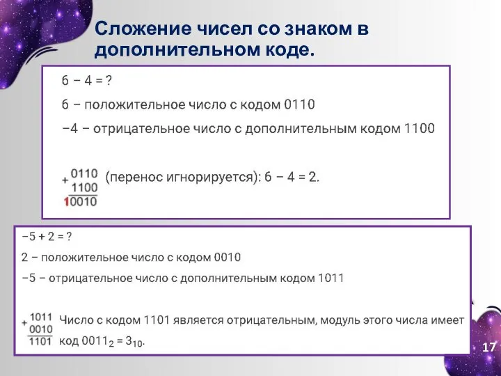 Сложение чисел со знаком в дополнительном коде.