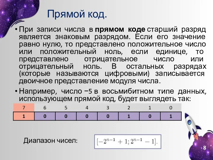 Прямой код. При записи числа в прямом коде старший разряд является знаковым