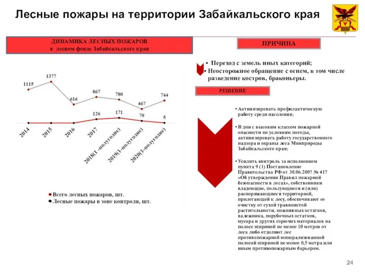 Лесные пожары на территории Забайкальского края ДИНАМИКА ЛЕСНЫХ ПОЖАРОВ в лесном фонде Забайкальского края ПРИЧИНА РЕШЕНИЕ