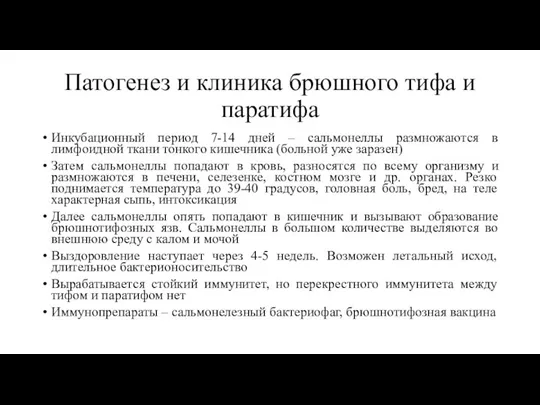 Патогенез и клиника брюшного тифа и паратифа Инкубационный период 7-14 дней –