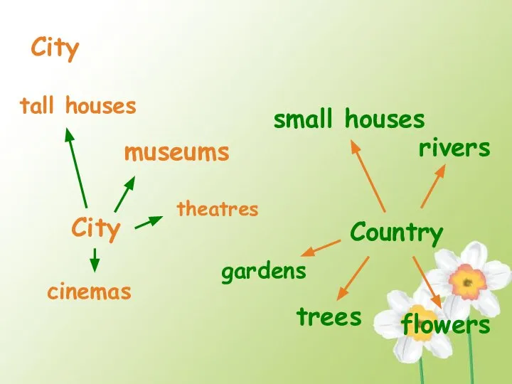City City Country museums tall houses theatres cinemas small houses rivers gardens flowers trees