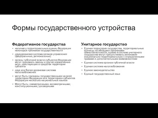 Формы государственного устройства Федеративное государства наличие у территориальных единиц Федерации некоторых признаков