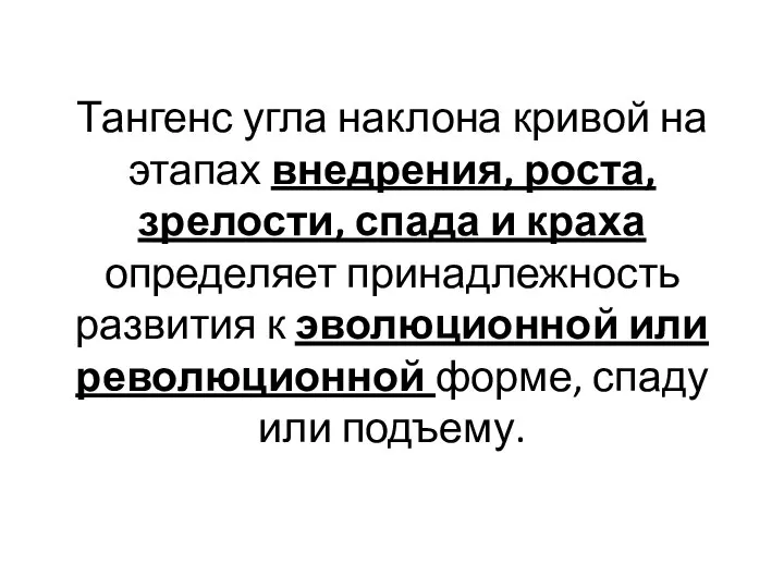 Тангенс угла наклона кривой на этапах внедрения, роста, зрелости, спада и краха