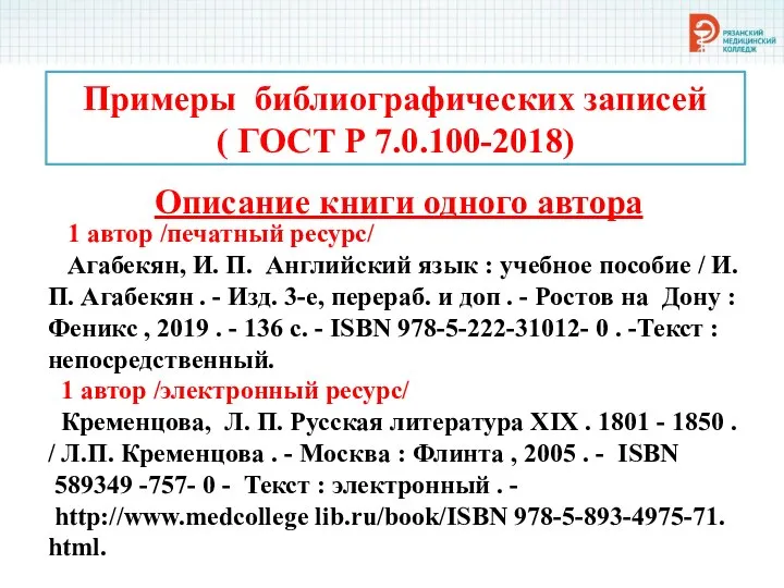 Примеры библиографических записей ( ГОСТ Р 7.0.100-2018) Описание книги одного автора 1