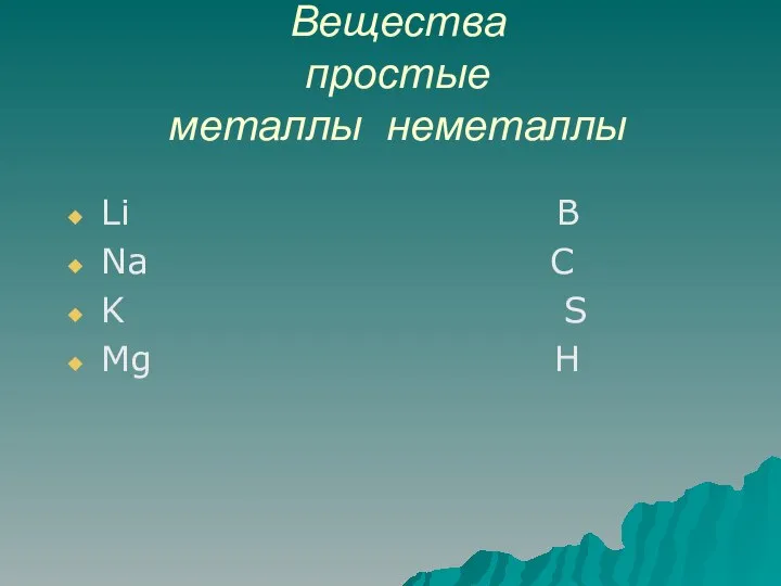 Вещества простые металлы неметаллы Li B Na C K S Mg H