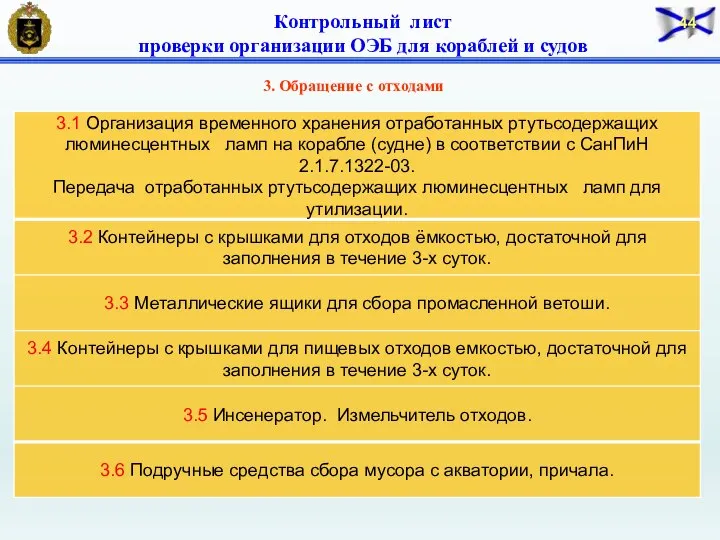 3. Обращение с отходами Контрольный лист проверки организации ОЭБ для кораблей и судов