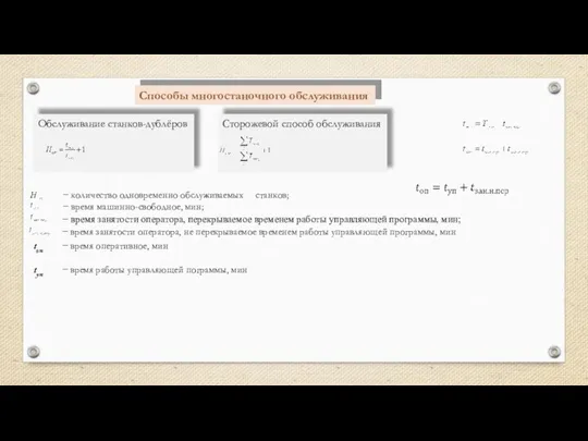 Обслуживание станков-дублёров Сторожевой способ обслуживания − количество одновременно обслуживаемых станков; − время