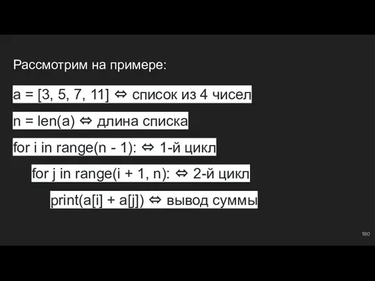 Рассмотрим на примере: a = [3, 5, 7, 11] ⇔ список из