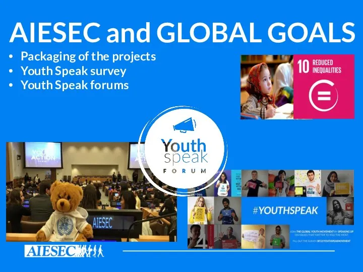 AIESEC and GLOBAL GOALS Packaging of the projects Youth Speak survey Youth Speak forums