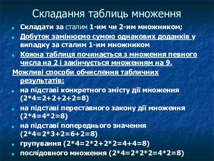 Складання таблиць множення Складати за сталим 1-им чи 2-им множником; Добуток замінюємо