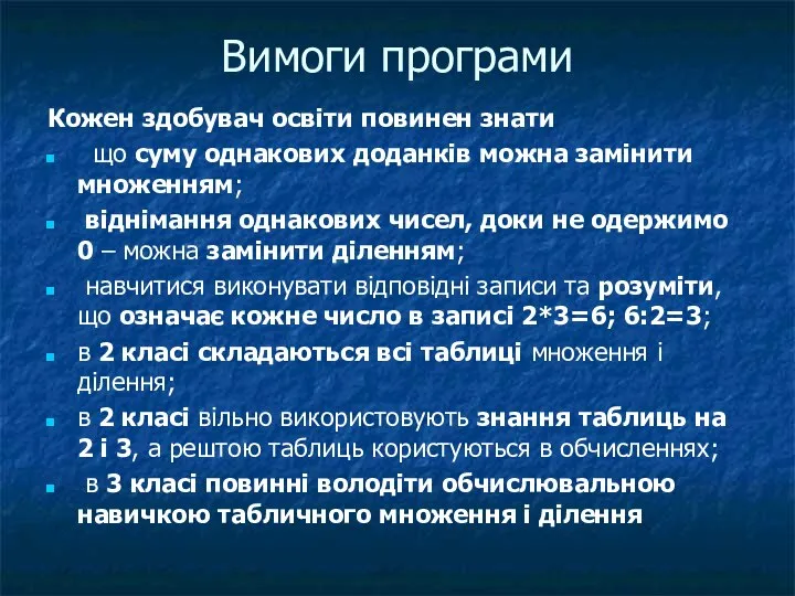 Вимоги програми Кожен здобувач освіти повинен знати що суму однакових доданків можна