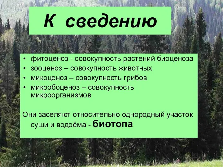 К сведению фитоценоз - совокупность растений биоценоза зооценоз – совокупность животных микоценоз