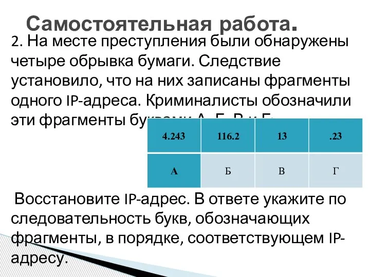 2. На месте пре­ступ­ле­ния были об­на­ру­же­ны четыре об­рыв­ка бумаги. След­ствие установило, что