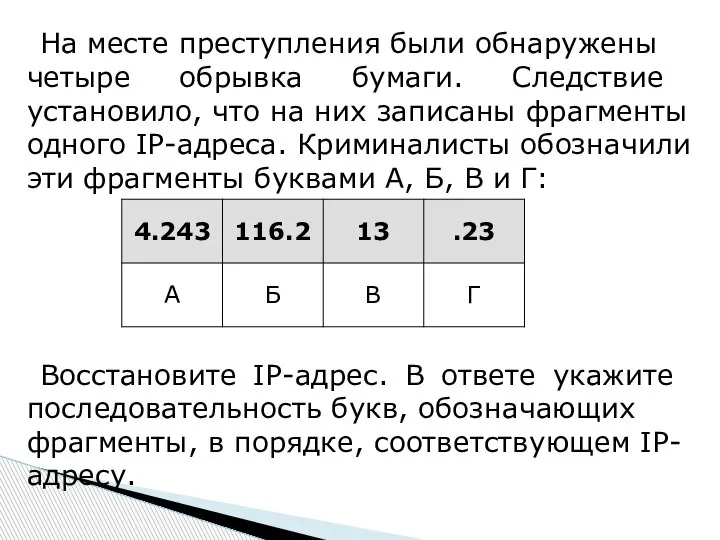 На месте пре­ступ­ле­ния были об­на­ру­же­ны четыре об­рыв­ка бумаги. След­ствие установило, что на