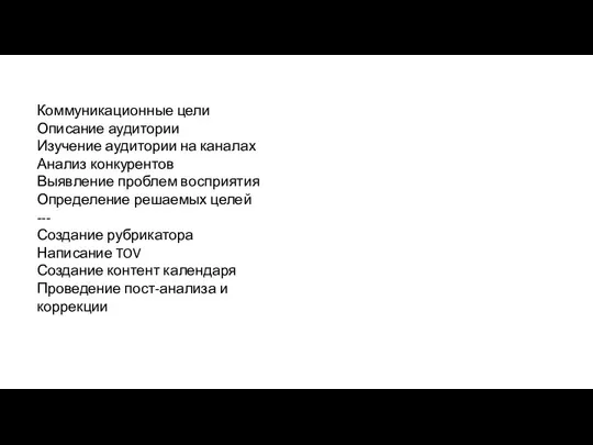 Коммуникационные цели Описание аудитории Изучение аудитории на каналах Анализ конкурентов Выявление проблем