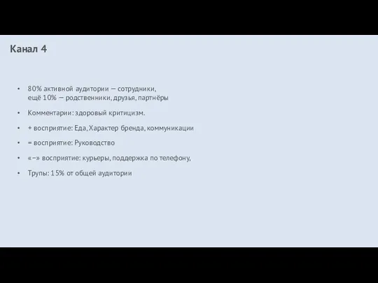 Канал 4 80% активной аудитории — сотрудники, ещё 10% — родственники, друзья,