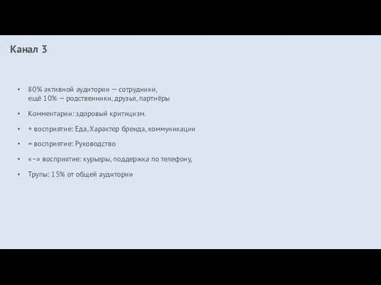 Канал 3 80% активной аудитории — сотрудники, ещё 10% — родственники, друзья,