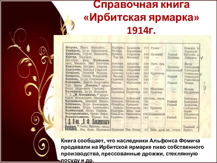 Справочная книга «Ирбитская ярмарка» 1914г. Книга сообщает, что наследники Альфонса Фомича продавали
