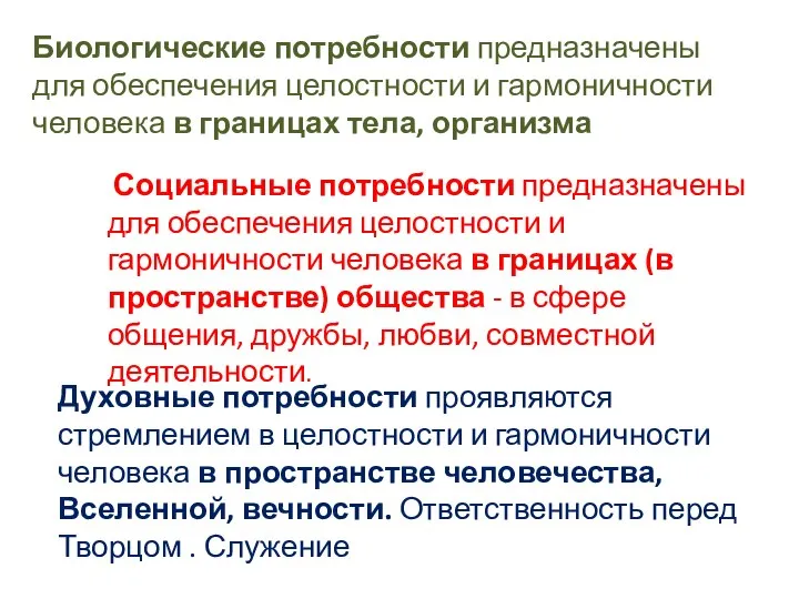 Социальные потребности предназначены для обеспечения целостности и гармоничности человека в границах (в