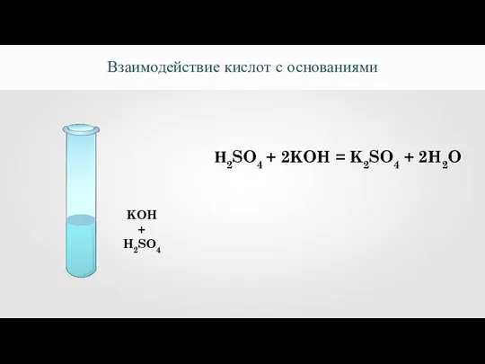 Взаимодействие кислот с основаниями KOH + H2SO4 Н2SO4 + 2KOH = K2SO4 + 2H2O