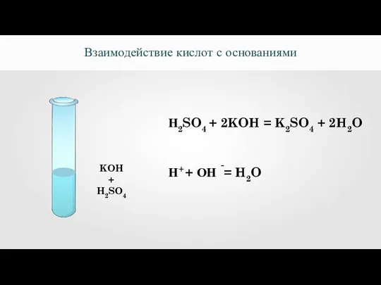 Взаимодействие кислот с основаниями KOH + H2SO4 Н2SO4 + 2KOH = K2SO4